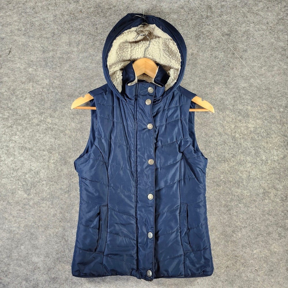 Aeropostale Navy Blue Quilted Puffer Vest Faux Sherpa Lined Hooded XS Y2K Cozy